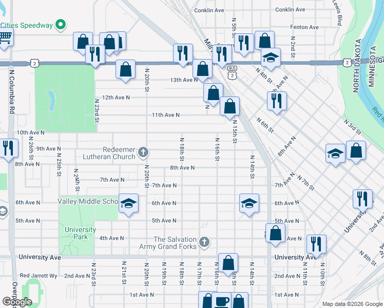 map of restaurants, bars, coffee shops, grocery stores, and more near 1707 9th Avenue North in Grand Forks