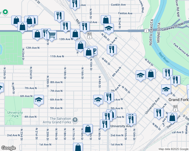 map of restaurants, bars, coffee shops, grocery stores, and more near 1415 9th Avenue North in Grand Forks