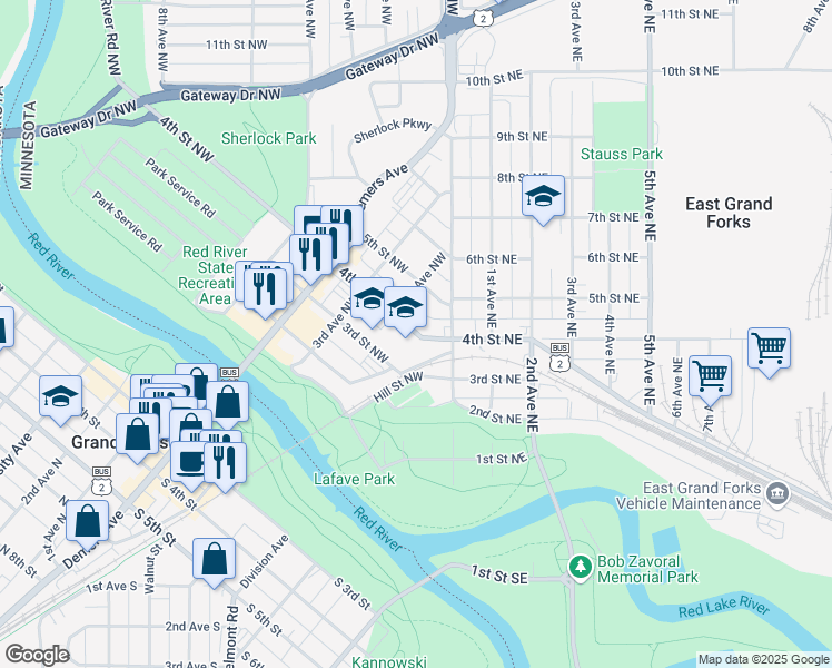map of restaurants, bars, coffee shops, grocery stores, and more near 117 4th Street Northwest in East Grand Forks