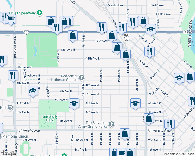 map of restaurants, bars, coffee shops, grocery stores, and more near 1811 9th Avenue North in Grand Forks