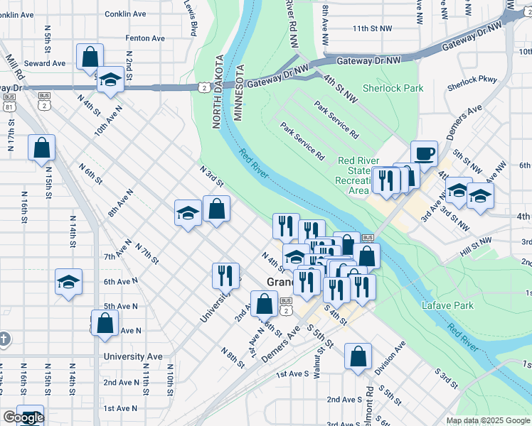 map of restaurants, bars, coffee shops, grocery stores, and more near 322 South 3rd Street in Grand Forks