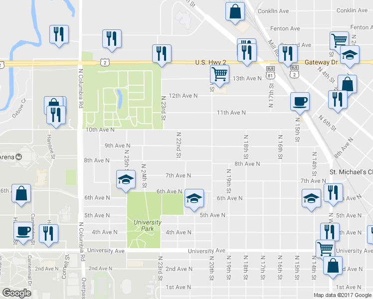 map of restaurants, bars, coffee shops, grocery stores, and more near 2115 9th Avenue North in Grand Forks