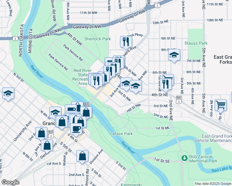 map of restaurants, bars, coffee shops, grocery stores, and more near 223 3rd Street Northwest in East Grand Forks