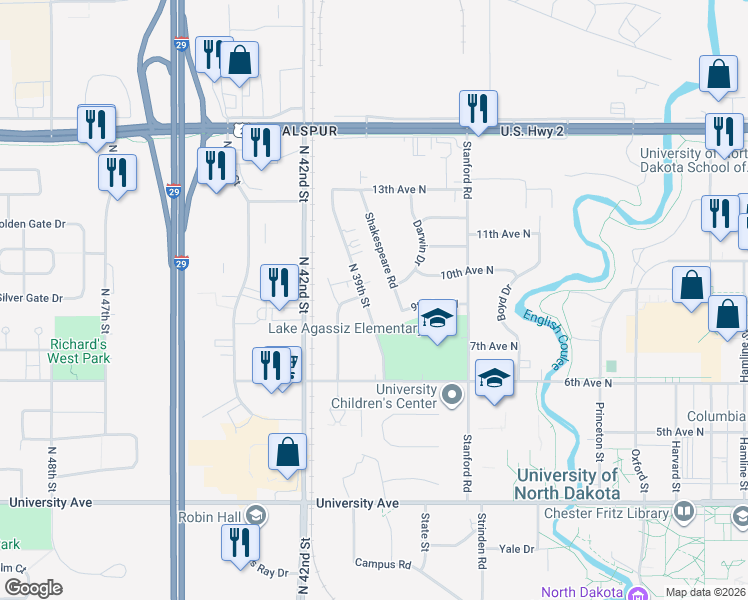 map of restaurants, bars, coffee shops, grocery stores, and more near 911 Shakespeare Road in Grand Forks