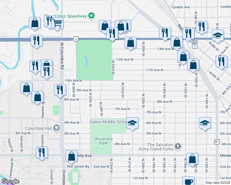map of restaurants, bars, coffee shops, grocery stores, and more near 2219 9th Avenue North in Grand Forks