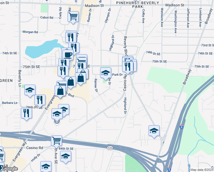 map of restaurants, bars, coffee shops, grocery stores, and more near 7710 Cascade Drive in Everett