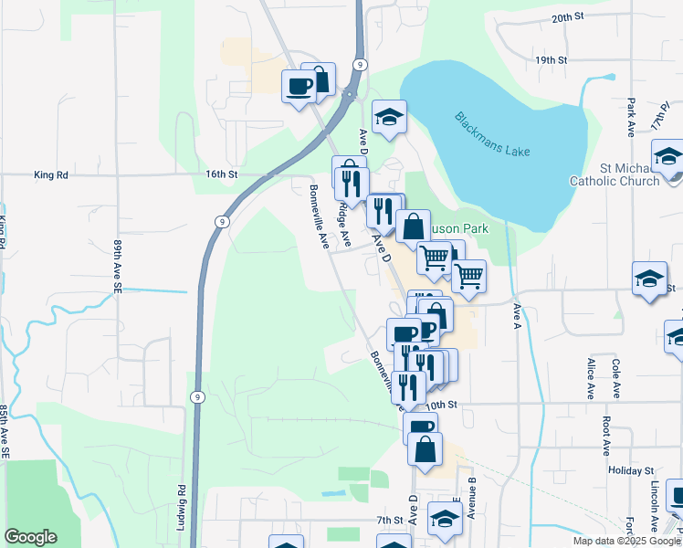 map of restaurants, bars, coffee shops, grocery stores, and more near 1305 Bonneville Avenue in Snohomish