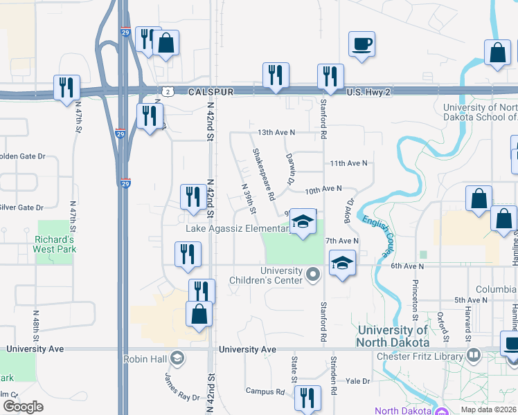 map of restaurants, bars, coffee shops, grocery stores, and more near 911 Shakespeare Road in Grand Forks