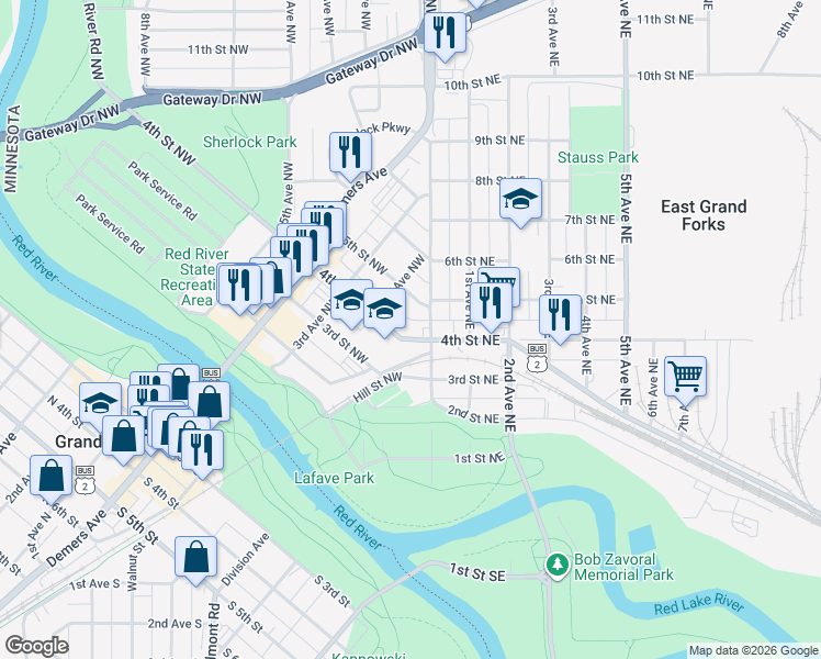 map of restaurants, bars, coffee shops, grocery stores, and more near 200 3rd Street Northwest in East Grand Forks