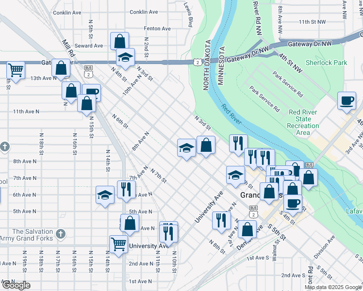 map of restaurants, bars, coffee shops, grocery stores, and more near 602 South 5th Street in Grand Forks