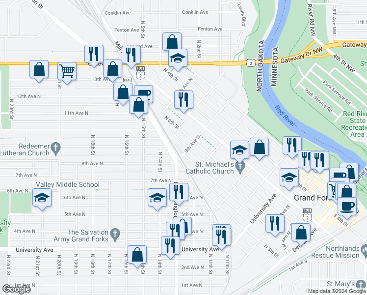 map of restaurants, bars, coffee shops, grocery stores, and more near 612 8th Avenue North in Grand Forks
