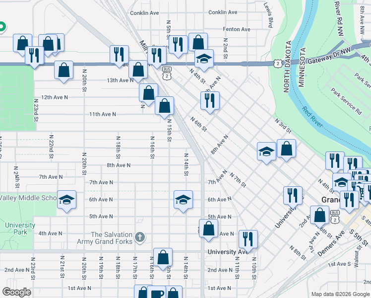 map of restaurants, bars, coffee shops, grocery stores, and more near 1411 9th Avenue North in Grand Forks