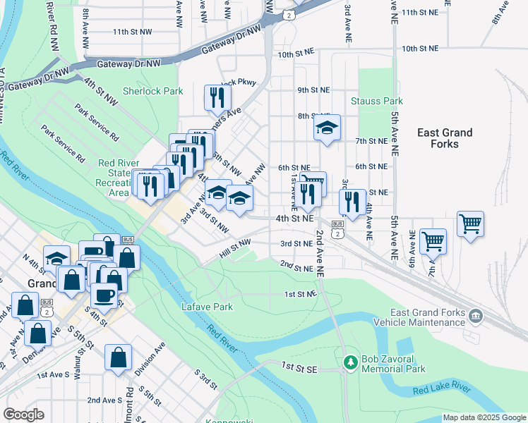map of restaurants, bars, coffee shops, grocery stores, and more near 104 4th Street Northwest in East Grand Forks