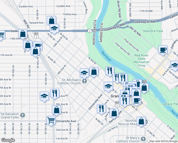 map of restaurants, bars, coffee shops, grocery stores, and more near 521 North 4th Street in Grand Forks