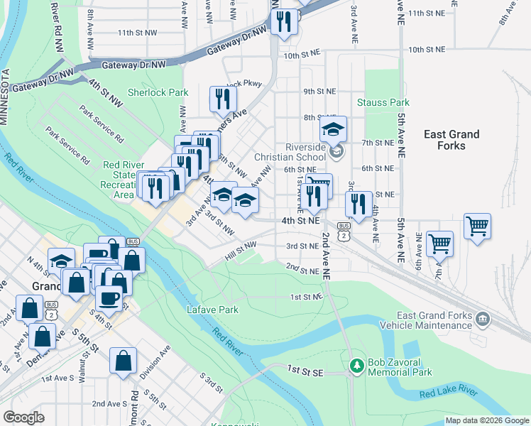 map of restaurants, bars, coffee shops, grocery stores, and more near 4 4th Street Northeast in East Grand Forks