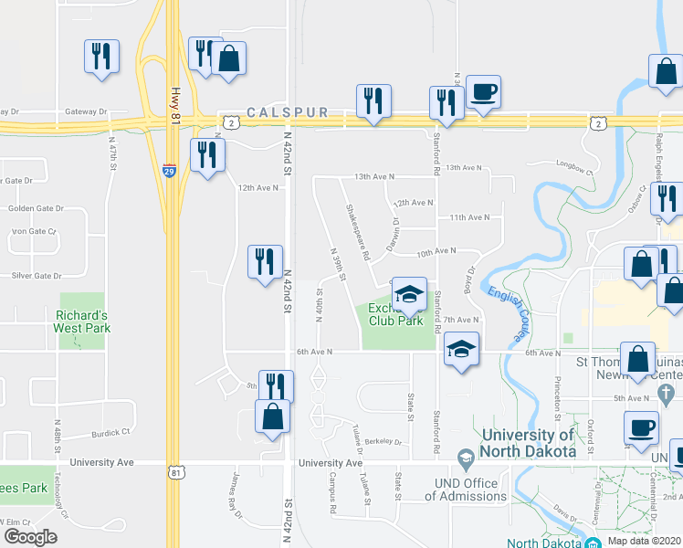 map of restaurants, bars, coffee shops, grocery stores, and more near 898 North 40th Street in Grand Forks