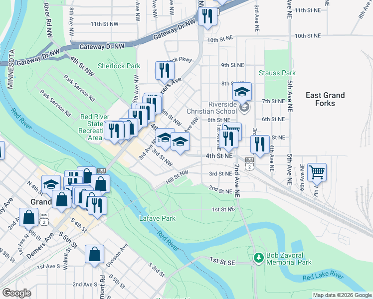 map of restaurants, bars, coffee shops, grocery stores, and more near 200 3rd Street Northwest in East Grand Forks