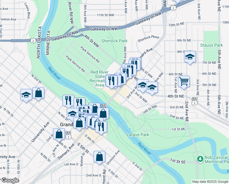 map of restaurants, bars, coffee shops, grocery stores, and more near 163-173 Demers Avenue in East Grand Forks