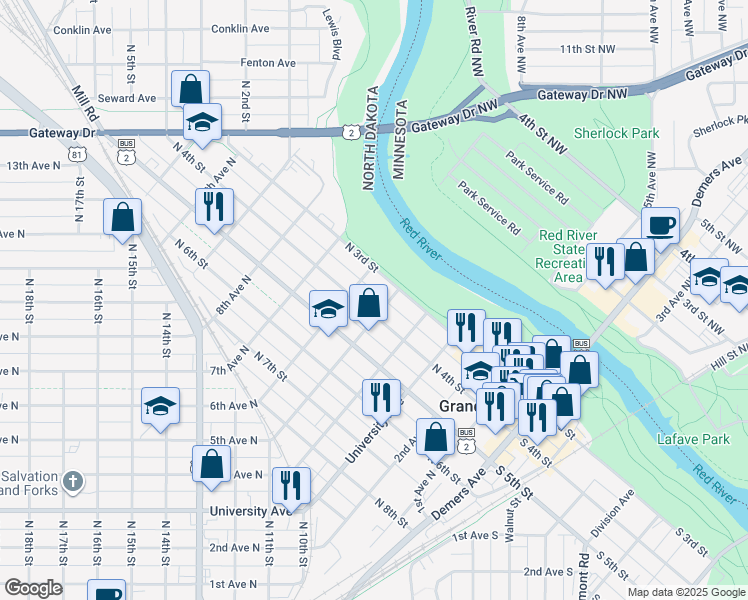 map of restaurants, bars, coffee shops, grocery stores, and more near 509 North 4th Street in Grand Forks