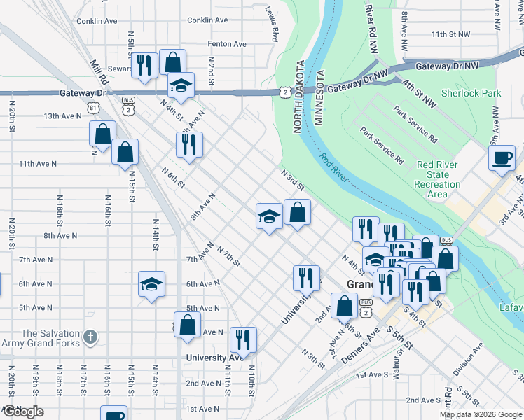 map of restaurants, bars, coffee shops, grocery stores, and more near 602 South 5th Street in Grand Forks