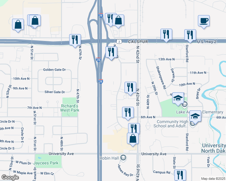 map of restaurants, bars, coffee shops, grocery stores, and more near 925 North 43rd Street in Grand Forks