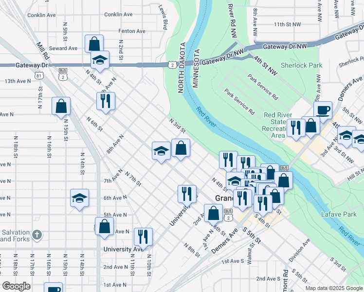 map of restaurants, bars, coffee shops, grocery stores, and more near 508 North 4th Street in Grand Forks