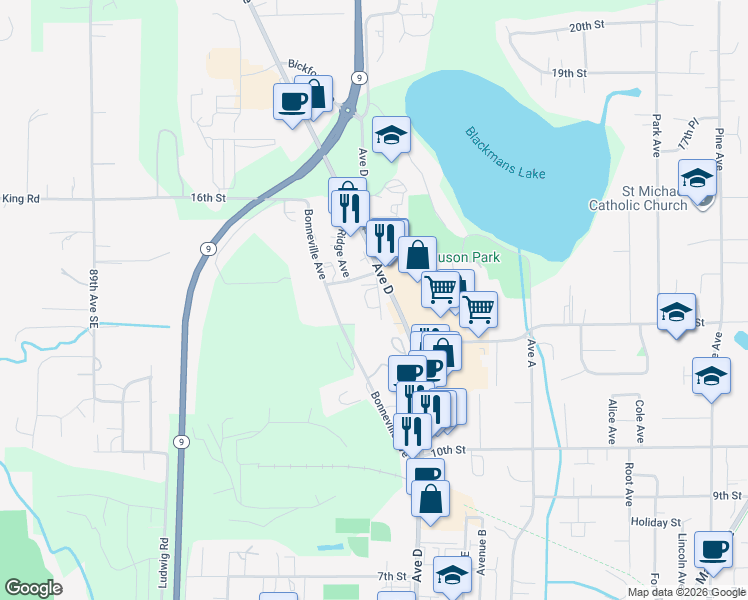 map of restaurants, bars, coffee shops, grocery stores, and more near 1330 Avenue D in Snohomish