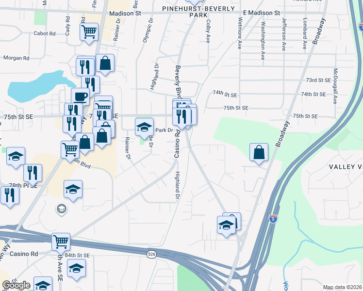 map of restaurants, bars, coffee shops, grocery stores, and more near 7702 Beverly Boulevard in Everett