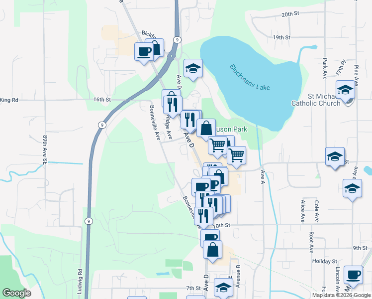 map of restaurants, bars, coffee shops, grocery stores, and more near 1330 Avenue D in Snohomish