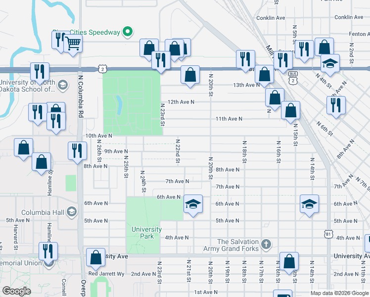 map of restaurants, bars, coffee shops, grocery stores, and more near 2115 9th Avenue North in Grand Forks