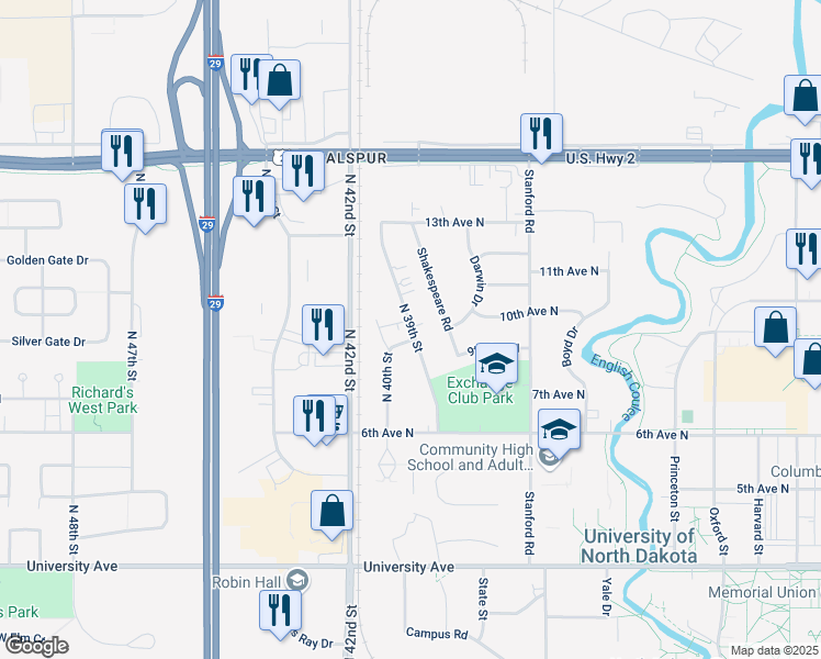 map of restaurants, bars, coffee shops, grocery stores, and more near 1015 North 39th Street in Grand Forks