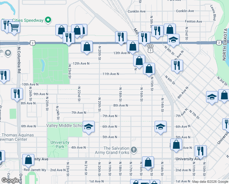 map of restaurants, bars, coffee shops, grocery stores, and more near 1811 9th Avenue North in Grand Forks
