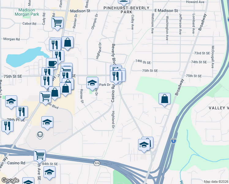 map of restaurants, bars, coffee shops, grocery stores, and more near 7711 East Casino Road in Everett