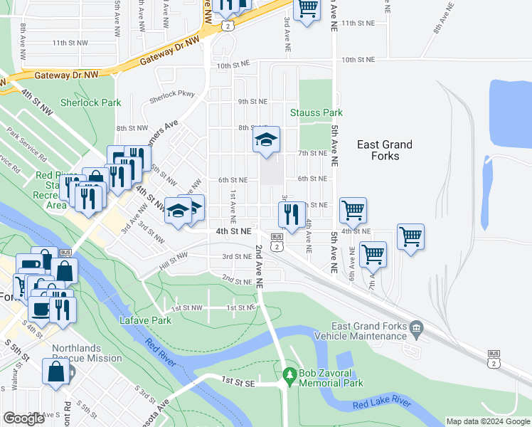 map of restaurants, bars, coffee shops, grocery stores, and more near 420 2nd Avenue Northeast in East Grand Forks