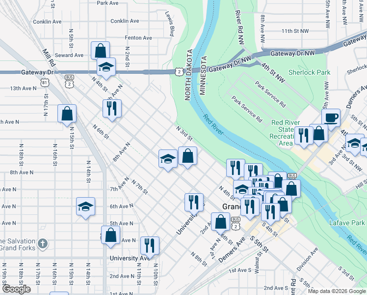 map of restaurants, bars, coffee shops, grocery stores, and more near 509 North 4th Street in Grand Forks