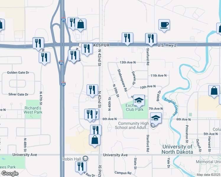 map of restaurants, bars, coffee shops, grocery stores, and more near 1015 North 39th Street in Grand Forks