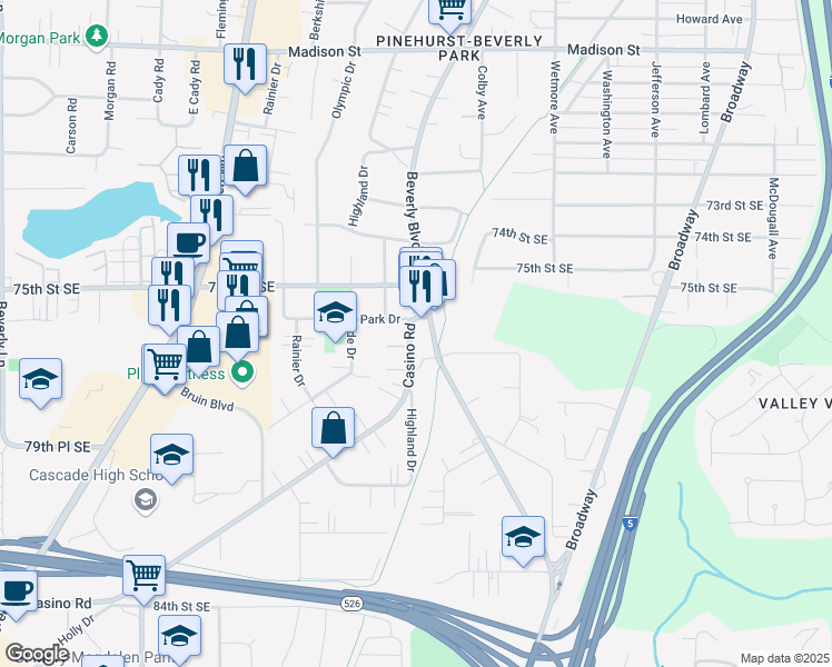 map of restaurants, bars, coffee shops, grocery stores, and more near 7526 East Casino Road in Everett