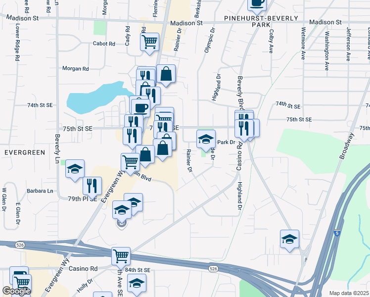 map of restaurants, bars, coffee shops, grocery stores, and more near 7529 Rainier Drive in Everett