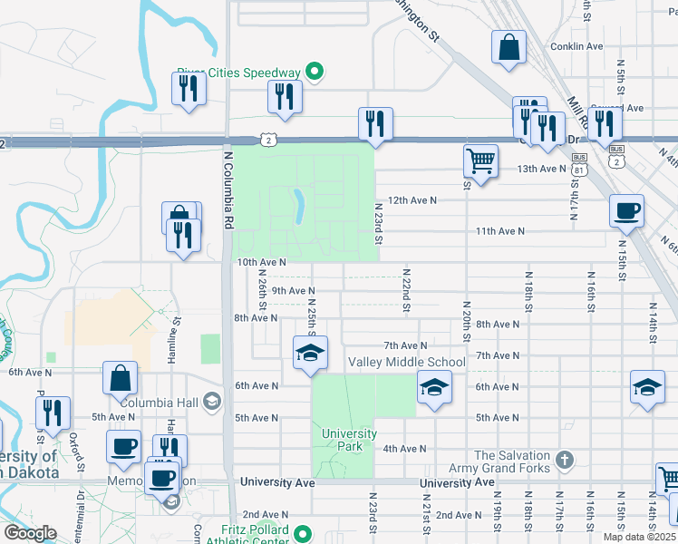map of restaurants, bars, coffee shops, grocery stores, and more near 2400-2498 10th Ave N in Grand Forks