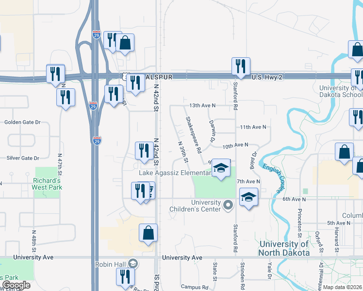 map of restaurants, bars, coffee shops, grocery stores, and more near 1108 North 39th Street in Grand Forks