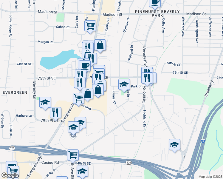 map of restaurants, bars, coffee shops, grocery stores, and more near 7529 Rainier Drive in Everett