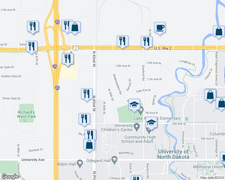 map of restaurants, bars, coffee shops, grocery stores, and more near 1016 North 39th Street in Grand Forks