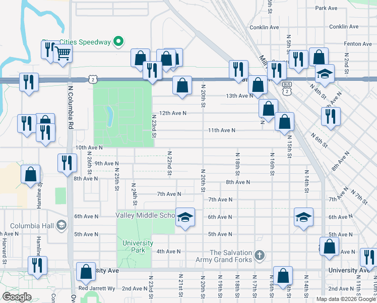 map of restaurants, bars, coffee shops, grocery stores, and more near 2010 10th Avenue North in Grand Forks