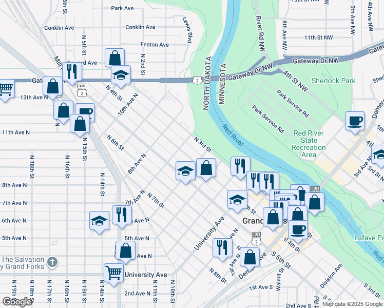 map of restaurants, bars, coffee shops, grocery stores, and more near 614 North 4th Street in Grand Forks