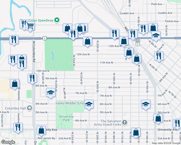 map of restaurants, bars, coffee shops, grocery stores, and more near 2010 10th Avenue North in Grand Forks