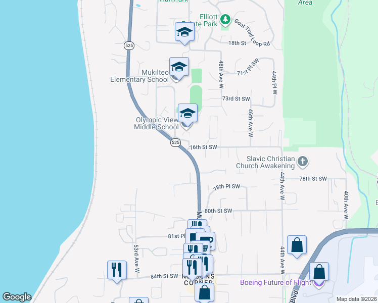 map of restaurants, bars, coffee shops, grocery stores, and more near 7607 Mukilteo Speedway in Mukilteo