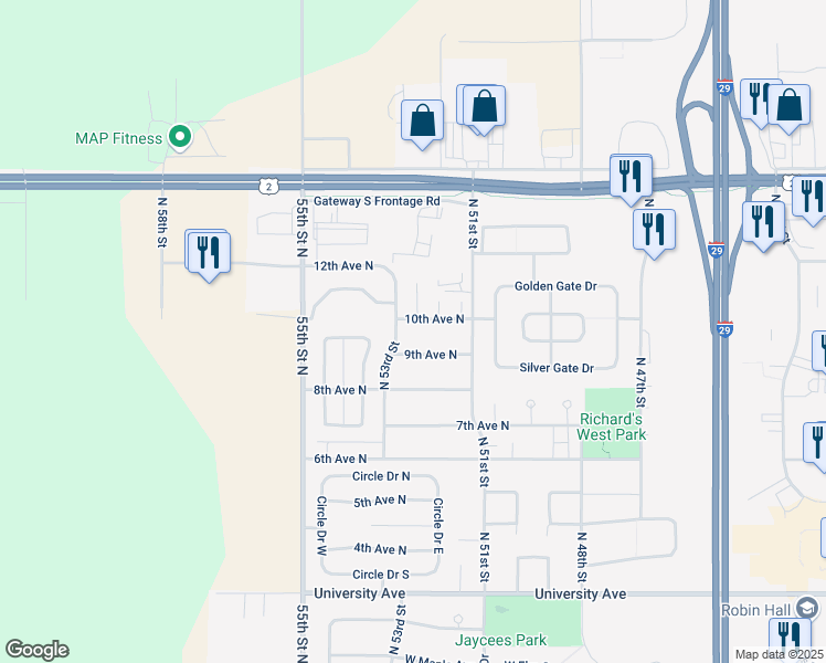 map of restaurants, bars, coffee shops, grocery stores, and more near 5242-5298 10th Avenue North in Grand Forks