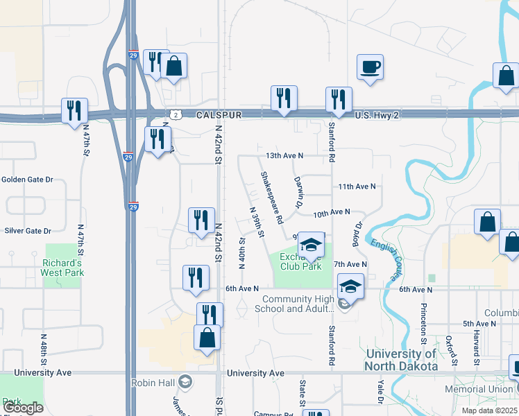 map of restaurants, bars, coffee shops, grocery stores, and more near 1022 North 39th Street in Grand Forks