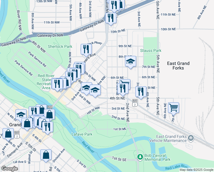 map of restaurants, bars, coffee shops, grocery stores, and more near 515 Central Ave NW in East Grand Forks