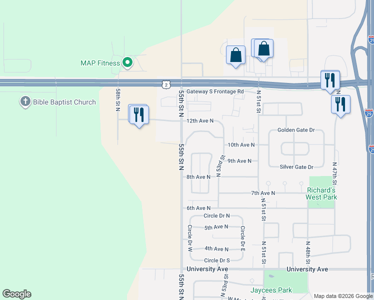 map of restaurants, bars, coffee shops, grocery stores, and more near 866 Thames Court in Grand Forks